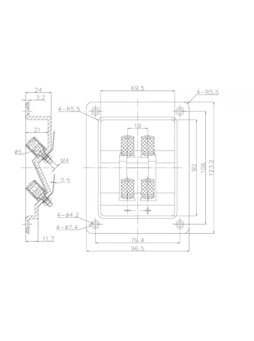 Szögletes dupla hangszóró terminál, kettős aranyozású