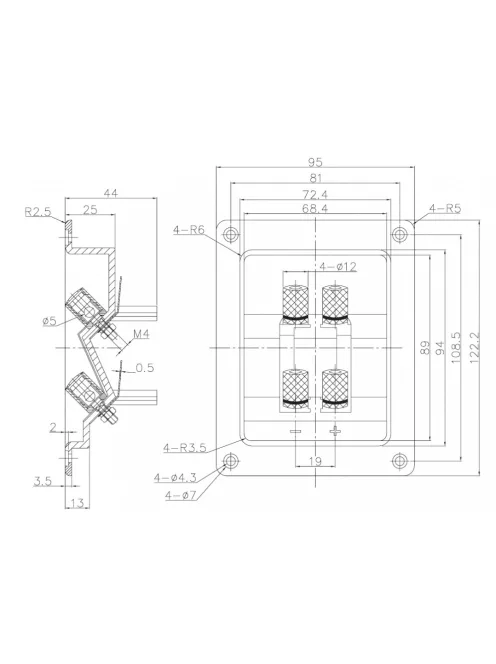 Szögletes hangszóró terminál kettős, aranyozott, fekete ABS