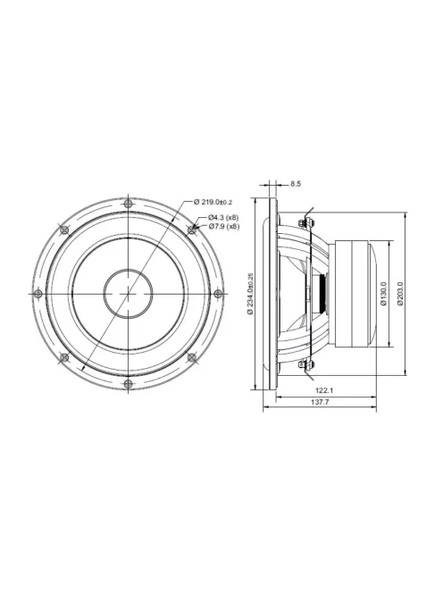 SB23MFCL45-4 8” mély-közép sugárzó