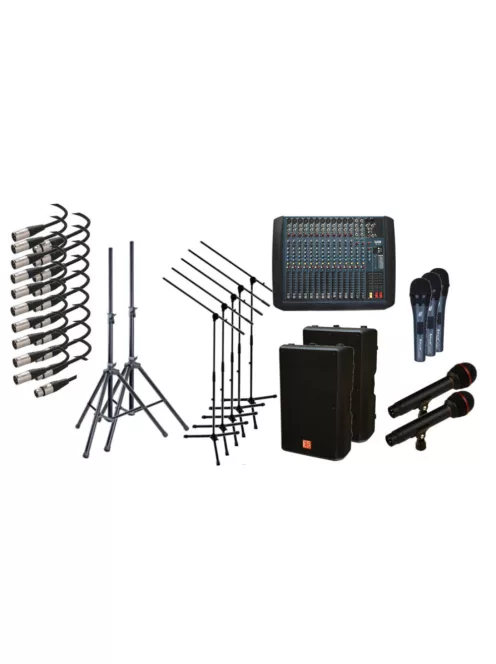 HT-P12V1, hangosító alapcsomag 3 mikrofonnal, 6 csatornás effektprocesszoros keverővel, 12 collos hangfalakkal