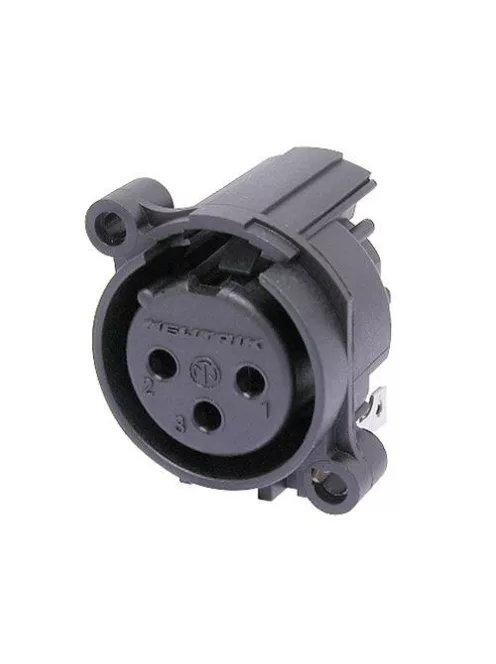 Neutrik NC3FAH10 3 pólusú XLR aljzat vízszintes nyákhoz, közösített 1. láb+GND+ház