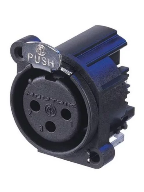 Neutrik NC3FAHL1 3 pólusú XLR aljzat bal oldali nyákhoz, közösített 1. láb+GND+ház, retesszel