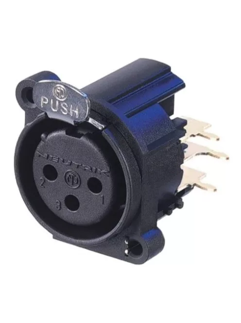 Neutrik NC3FAHR1 3 pólusú XLR aljzat jobb oldali nyákhoz, közösített 1. láb+GND+ház, retesszel