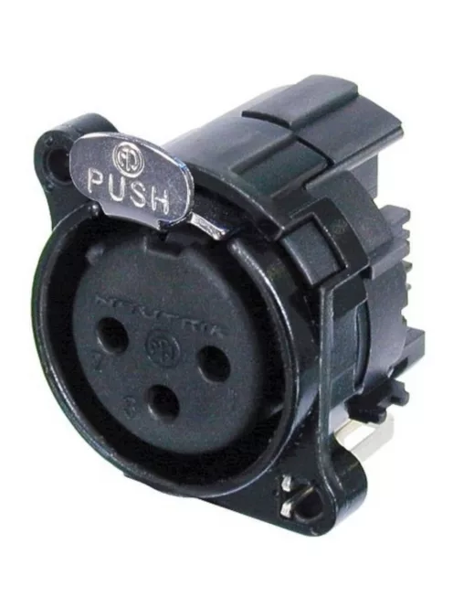 Neutrik NC3FBH1B 3 pólusú XLR aljzat fekete, vízszintes nyákhoz, közösített 1. láb+GND+ház, retesszel