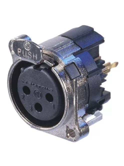 Neutrik NC3FBV1 3 pólusú XLR aljzat függőleges nyákhoz, közösített 1. láb+GND+ház, retesz-szemmel