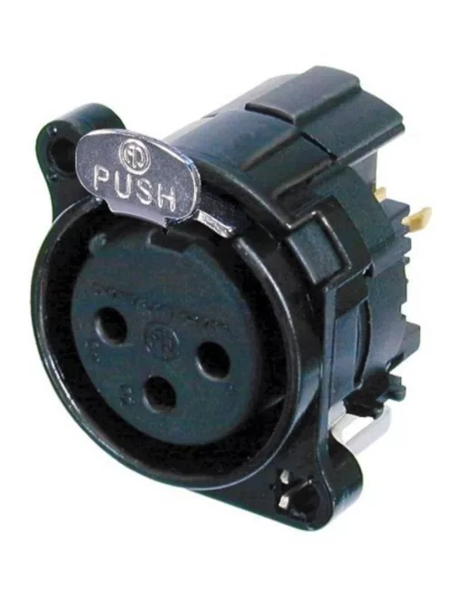 Neutrik NC3FBV2B 3 pólusú XLR aljzat fekete, függőleges nyákhoz, külön GND és ház, retesz-szemmel